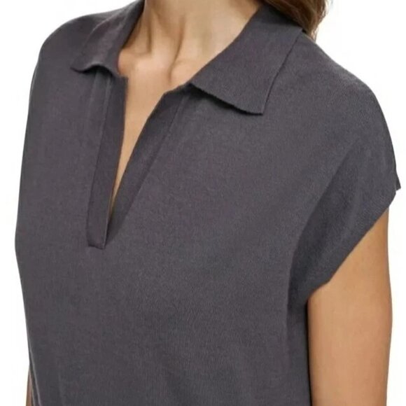 DKNY Women's Modern Fit Sleeveless Collared V-Neck Sweater Dark Gray - Picture 4 of 13
